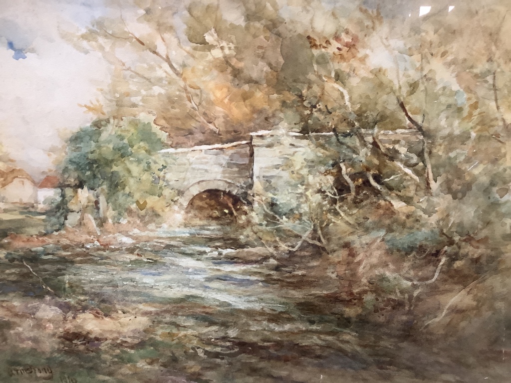 J. Holdporth, oil on canvas, wooded landscape with stream, signed and dated 1903 and three watercolours, 67.5 x 49.5cm (largest)